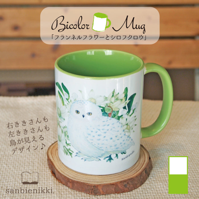 sanbienikki. サンビエニッキ バイカラ-マグカップ フランネルフラワーとシロフクロウ ホワイト/ライトグリーン 自分へのご褒美に♪ フランネルフラワー シロフクロウ ヤドリギ バイカラー ライトグリーン マグカップ 上品 可愛い 癒し 庭 鳥