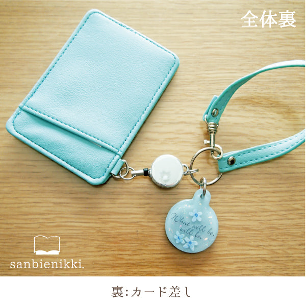 sanbienikki. サンビエニッキ ブルースターと白猫 リール&チャーム付き ネコ 白猫 ブルースター 青い花 ブルー パスケース 限定1個! 送料無料 (当店負担)