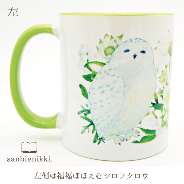 sanbienikki. サンビエニッキ バイカラ-マグカップ フランネルフラワーとシロフクロウ ホワイト/ライトグリーン 自分へのご褒美に♪ フランネルフラワー シロフクロウ ヤドリギ バイカラー ライトグリーン マグカップ 上品 可愛い 癒し 庭 鳥