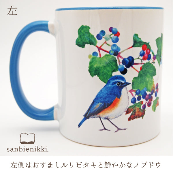 sanbienikki. サンビエニッキ バイカラ-マグカップ ノブドウとルリビタキ ホワイト/ブルー 自分へのご褒美に♪ ノブドウ ルリビタキ バイカラー マグカップ 上品 可愛い 癒し 小鳥 青