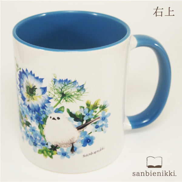 sanbienikki. サンビエニッキ バイカラ-マグカップ ブルースターとシマエナガ ホワイト/ブルー 自分へのご褒美に♪ ブルースター シマエナガ バイカラー マグカップ 上品 可愛い 癒し 庭 小鳥 青 空色 ニゲラ
