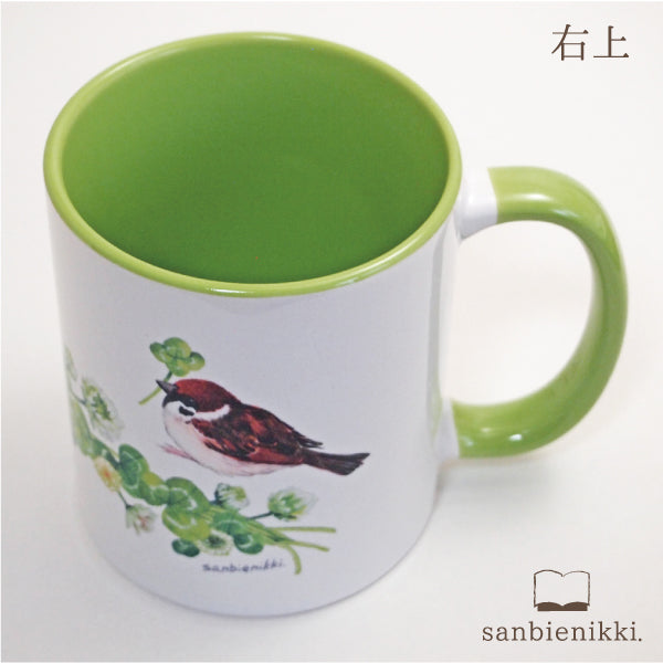 sanbienikki. サンビエニッキ バイカラ-マグカップ クローバーとすずめ ライトグリーン 自分へのご褒美に♪ クローバー スズメ バイカラー マグカップ 上品 可愛い 癒し 庭 小鳥