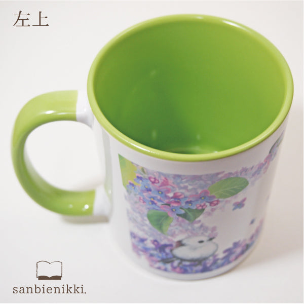 sanbienikki. サンビエニッキ バイカラ-マグカップ ライラックとシマエナガ ホワイト/ライトグリーン ライラック シマエナガ 小鳥 野鳥 鳥 バイカラー ライトグリーン マグカップ 上品 可愛い 癒し