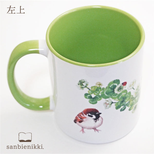 sanbienikki. サンビエニッキ バイカラ-マグカップ クローバーとすずめ ライトグリーン 自分へのご褒美に♪ クローバー スズメ バイカラー マグカップ 上品 可愛い 癒し 庭 小鳥
