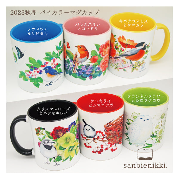 sanbienikki. サンビエニッキ バイカラ-マグカップ フランネルフラワーとシロフクロウ ホワイト/ライトグリーン 自分へのご褒美に♪ フランネルフラワー シロフクロウ ヤドリギ バイカラー ライトグリーン マグカップ 上品 可愛い 癒し 庭 鳥